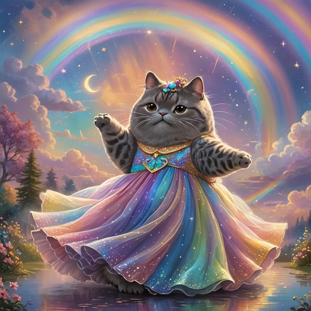 Pusheen's Rainbow Dance in Ethereal Digital Painting