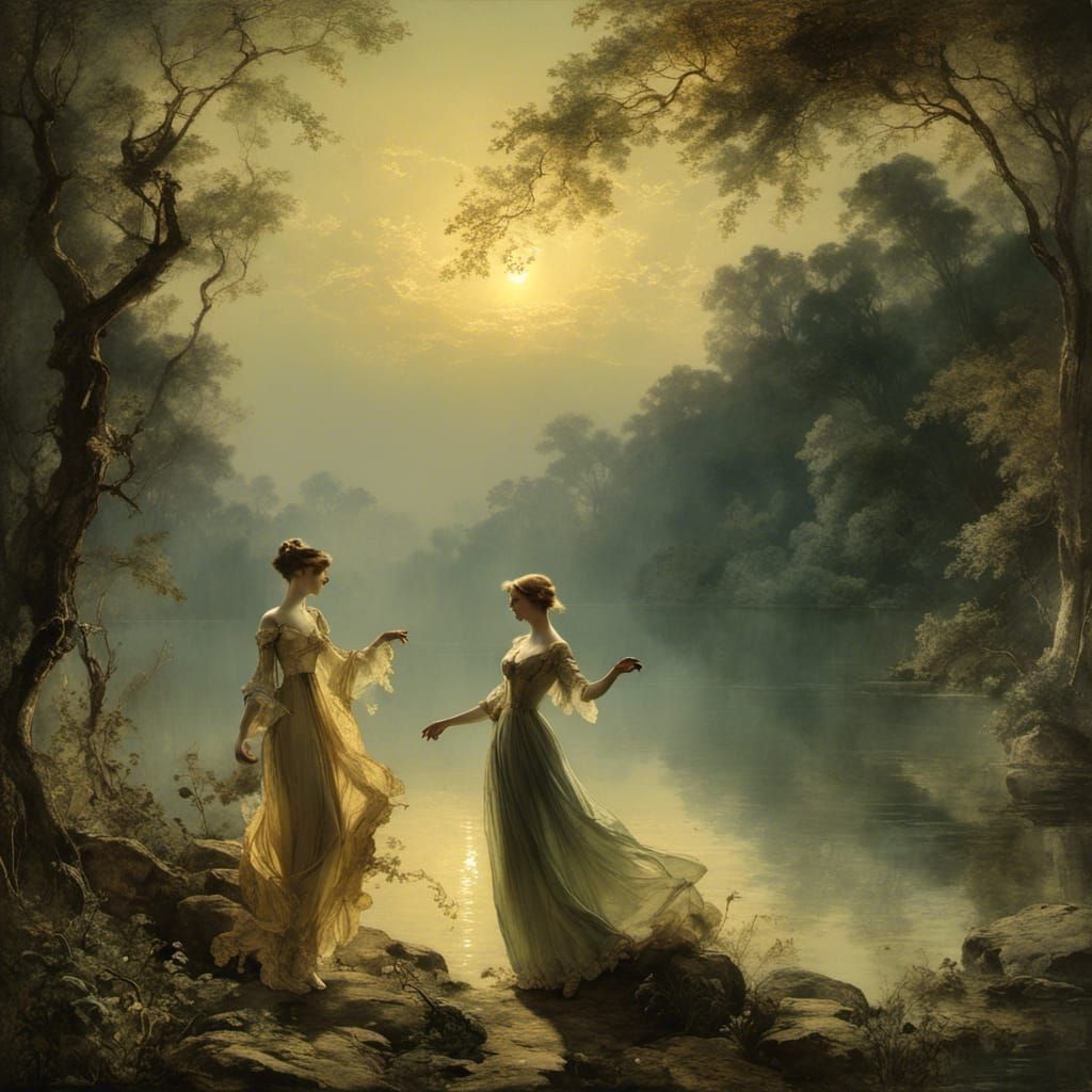 Regency Couple in Verdant Golden Hour Landscape