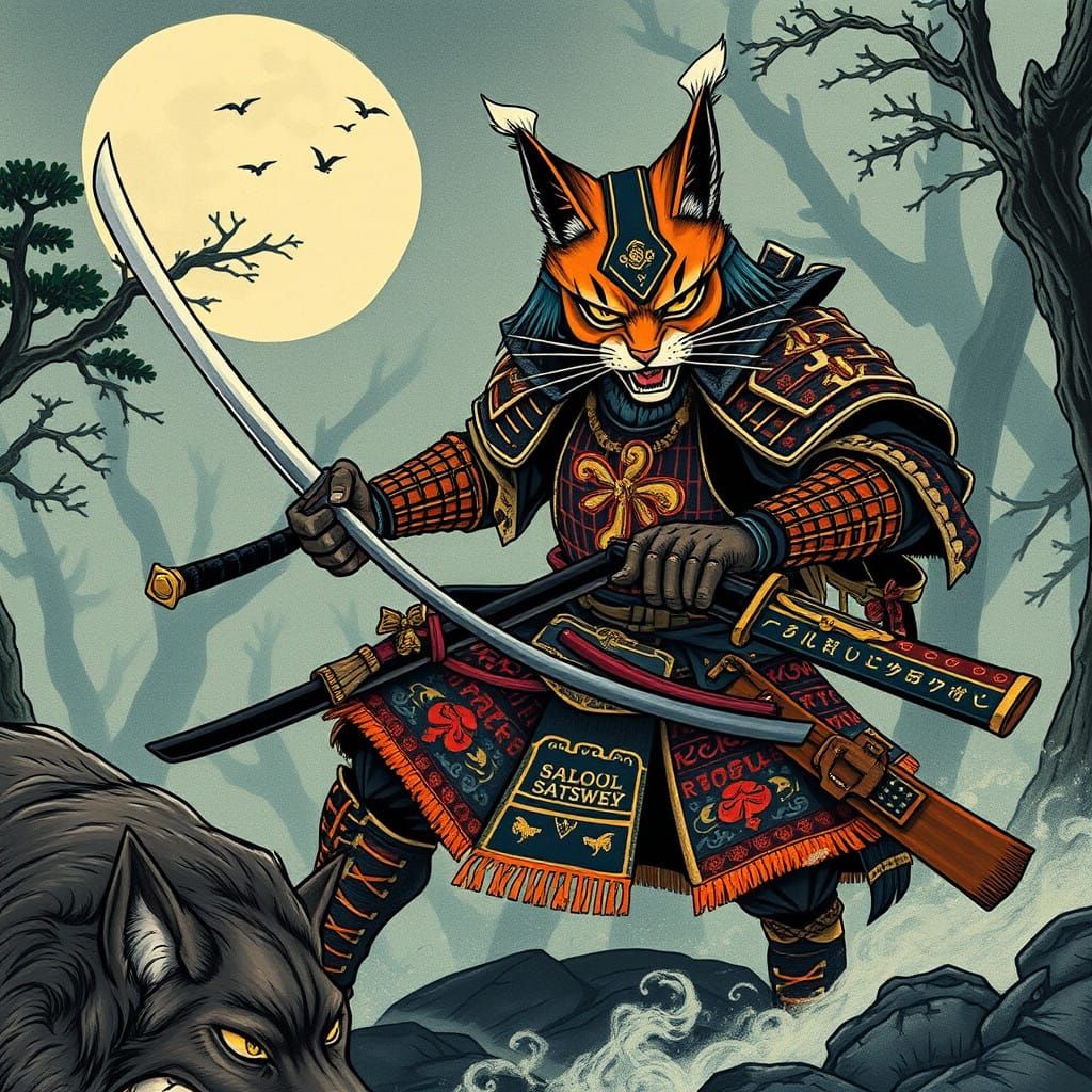 Feline Samurai in Moonlit Duel with Wolf