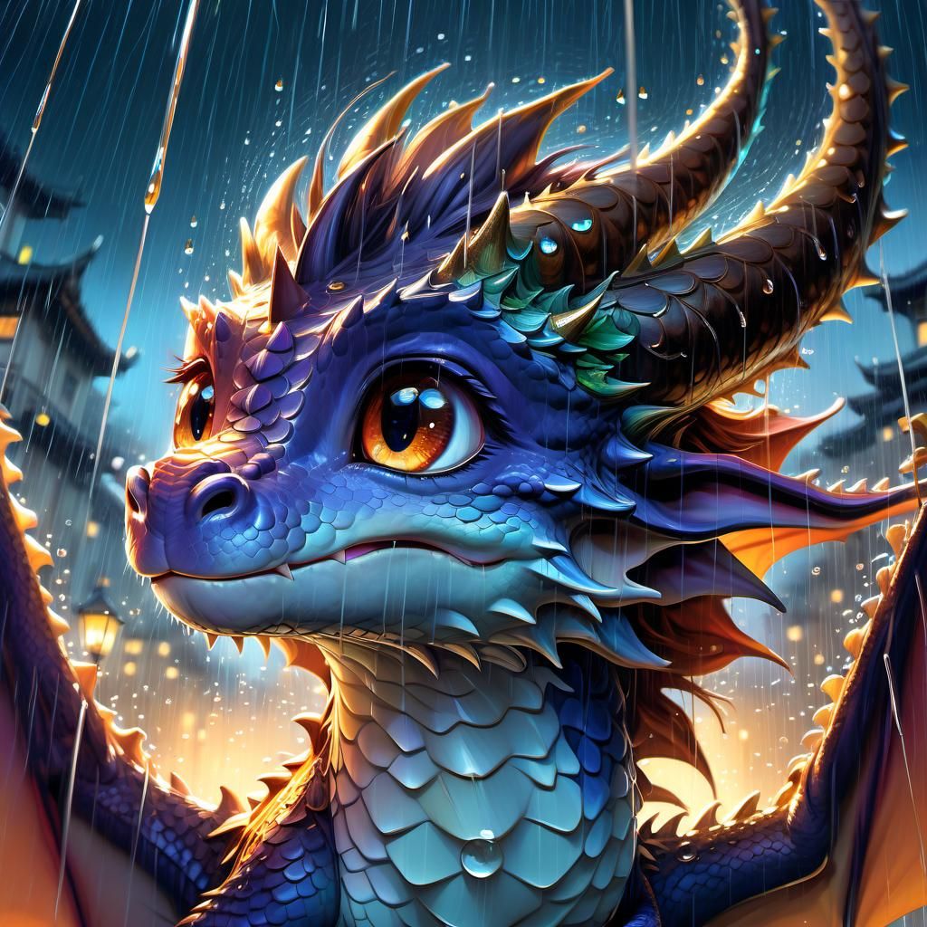 Anime Dragon Flying in Rain Portrait
