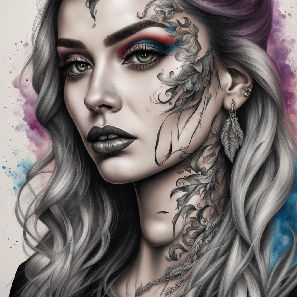Hyperrealistic Portrait: Bold Makeup and Tattoo