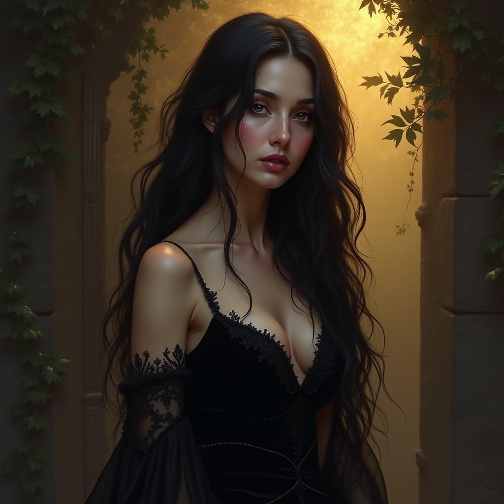 Mystical Maiden in Black Gown, Art Nouveau Style