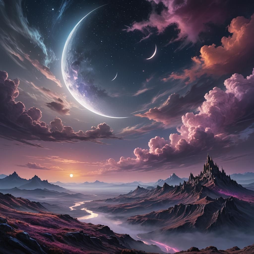 Crescent Moon Over Dark Horizon: Fantasy Concept Art