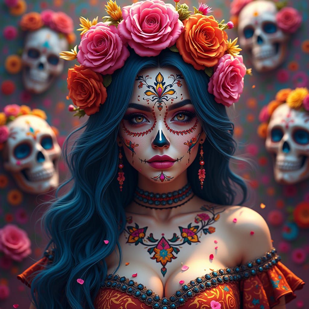 Vibrant Hispanic Woman in Dia de los Muertos Attire, Amidst ...