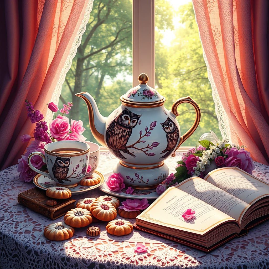 Whimsical Tea Party Scene in Dreamy, Airbrushed Oil Painting...