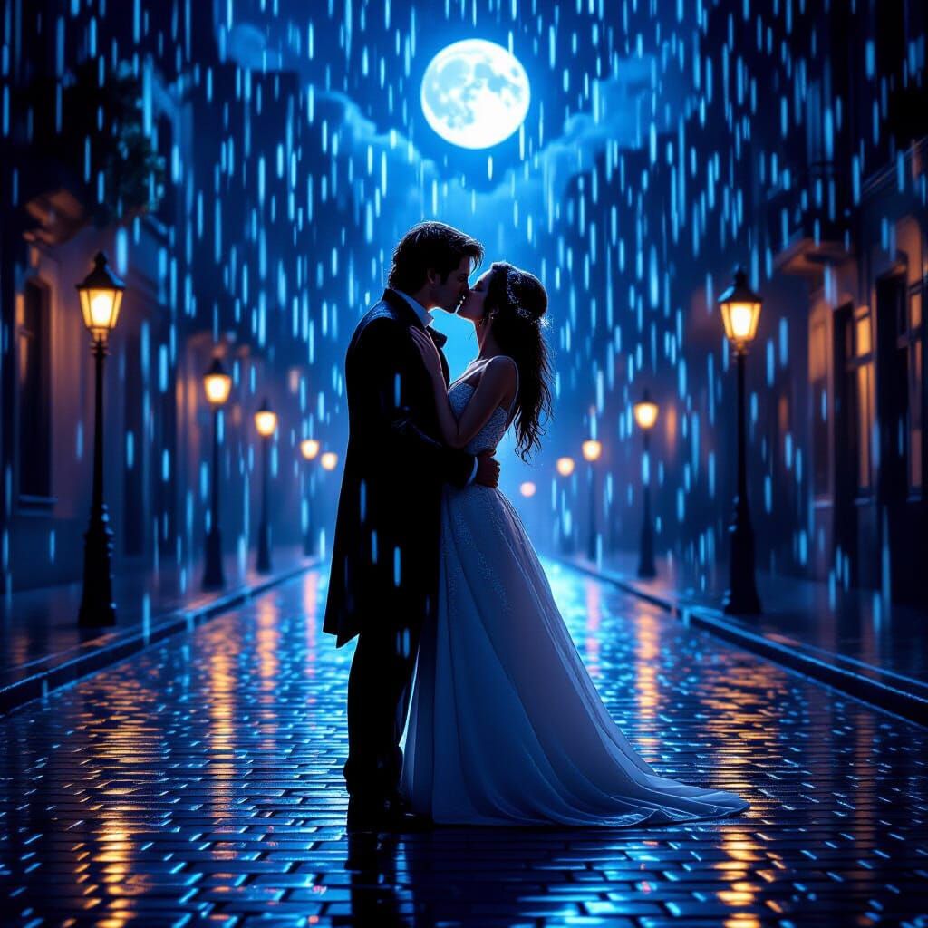 Fantasy Couple Kissing in Magical Moonlight Rain