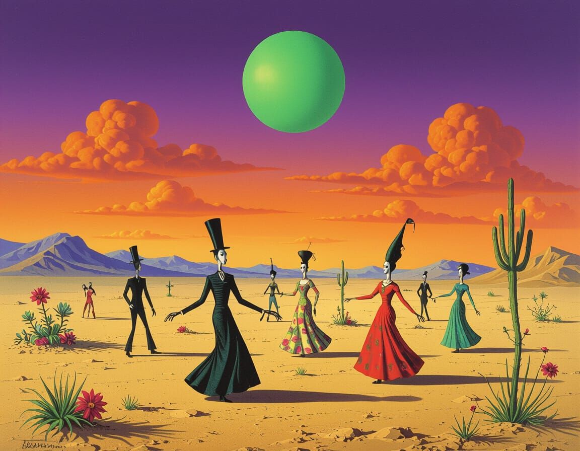 Surreal Desert Dance with Purple Sky