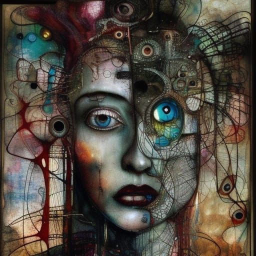 Geometric Madwoman Portrait with Bioluminescent Drips