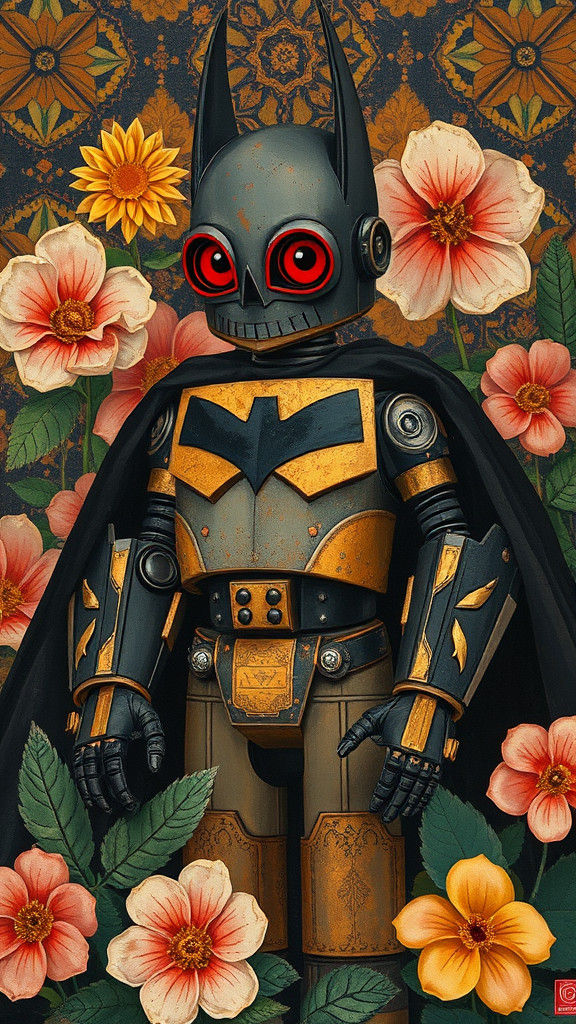 Aztec Grimdark Robot Batsuit, Oil Gouache Style