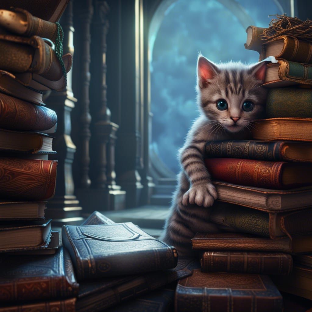 Kitten Peering from Books, Detailed Matte Painting