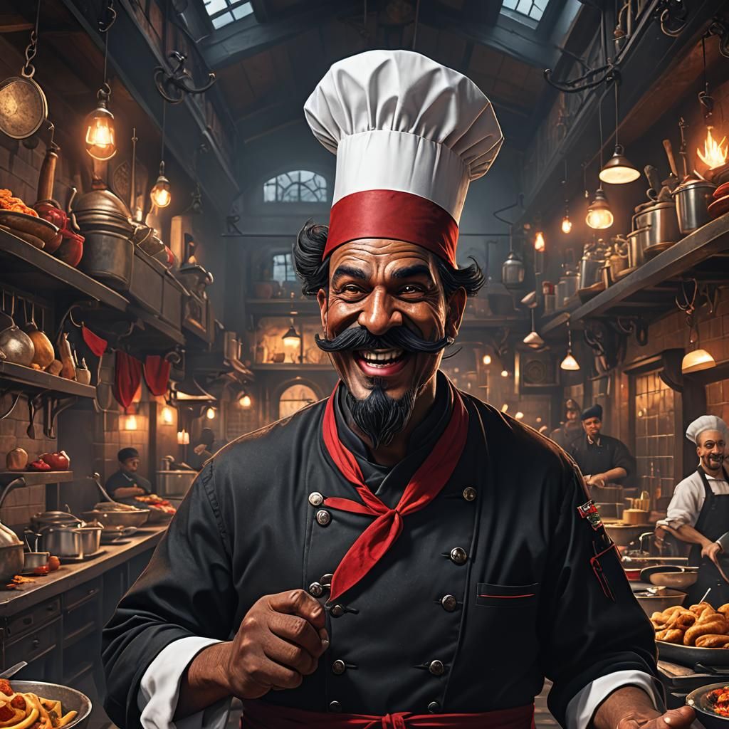 Menacing Chef with Handlebar Mustache in Detailed Painting
