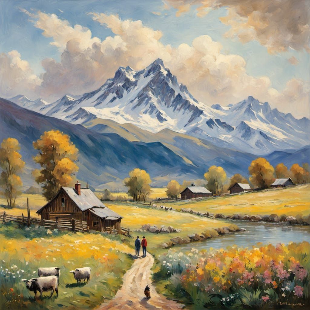 Idyllic Countryside Scene in Vibrant Impressionist Style