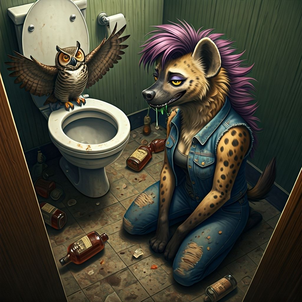 Drunken Hyena and Owl in Grimy Bathroom