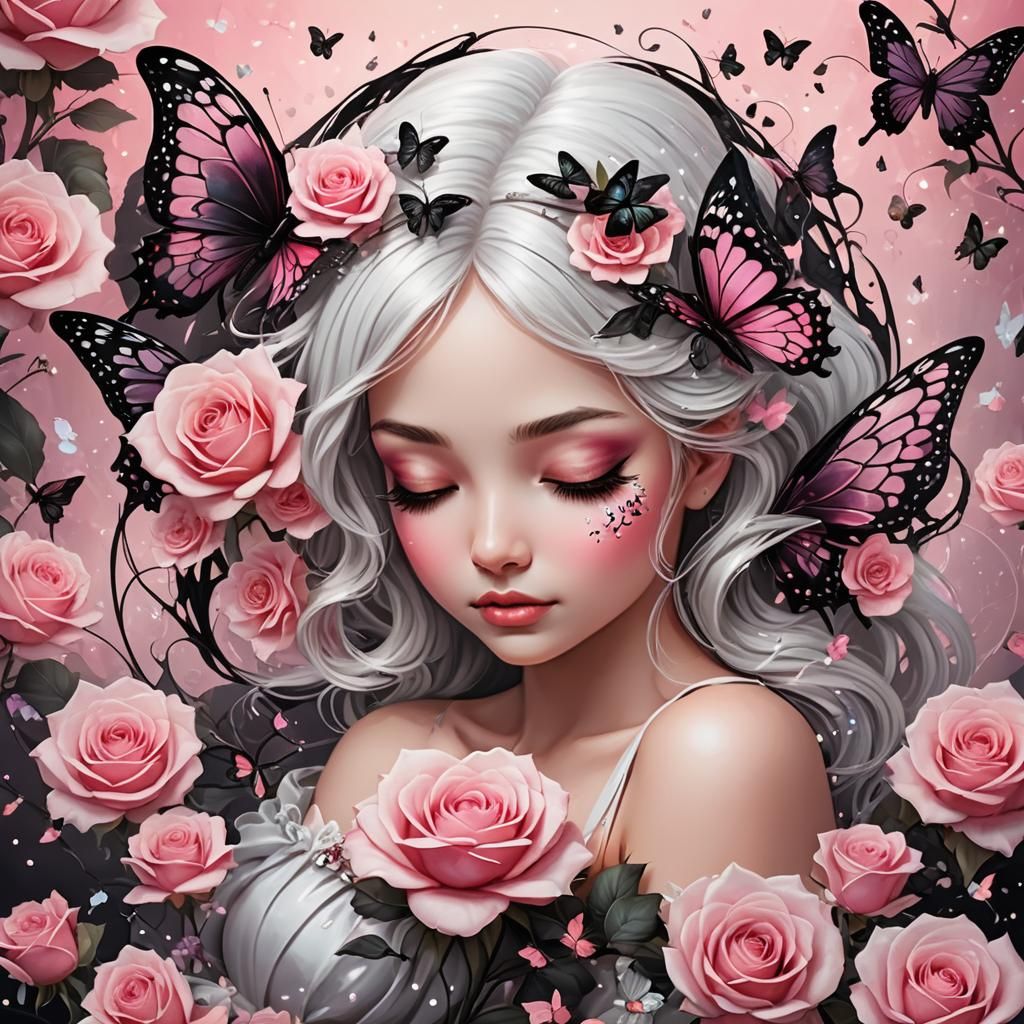 create a cute enchanting sleeping fairy inside of a blossomi...