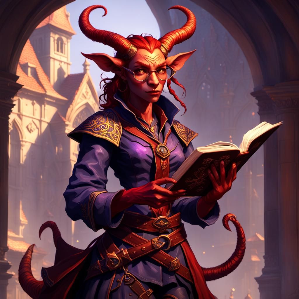 Red Tiefling Bard with Book: Dark Fantasy Art