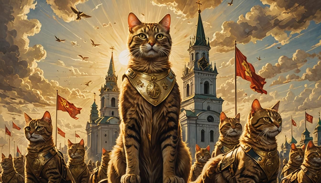 Cat Soldiers Parade in Social Realism Style