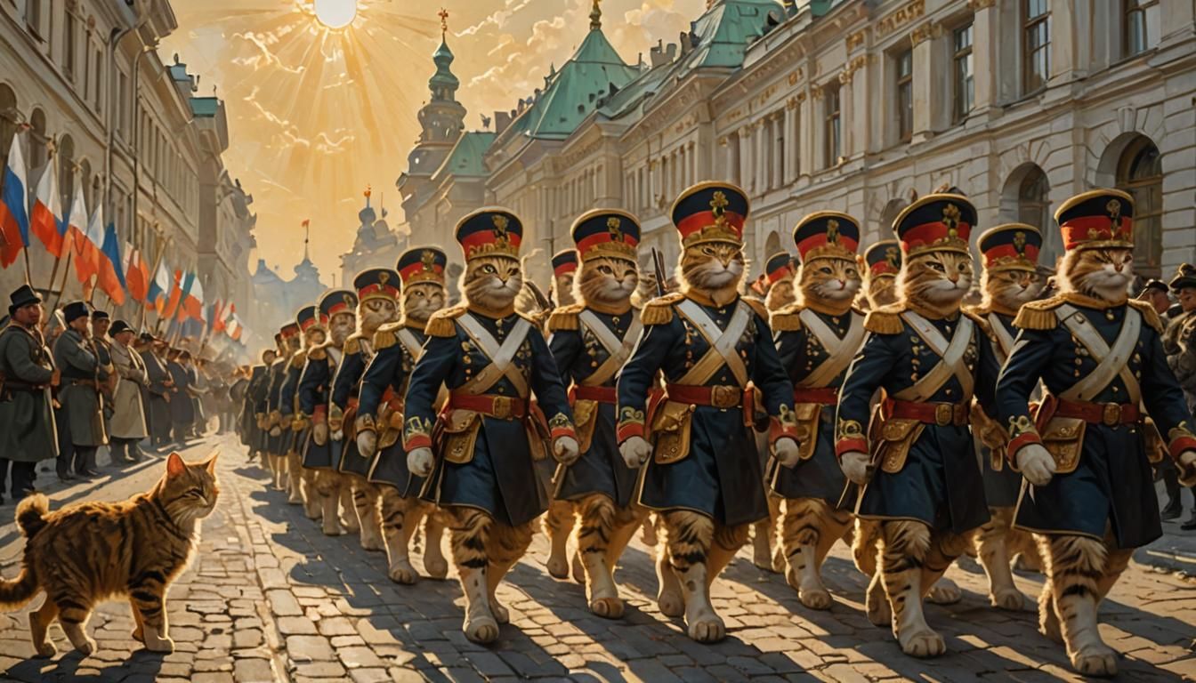 Epic Cat Soldier Parade in Social Realism Style