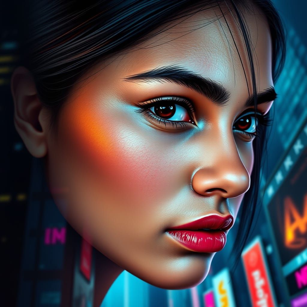 Fair Skin Woman's Face in Cyberpunk Style