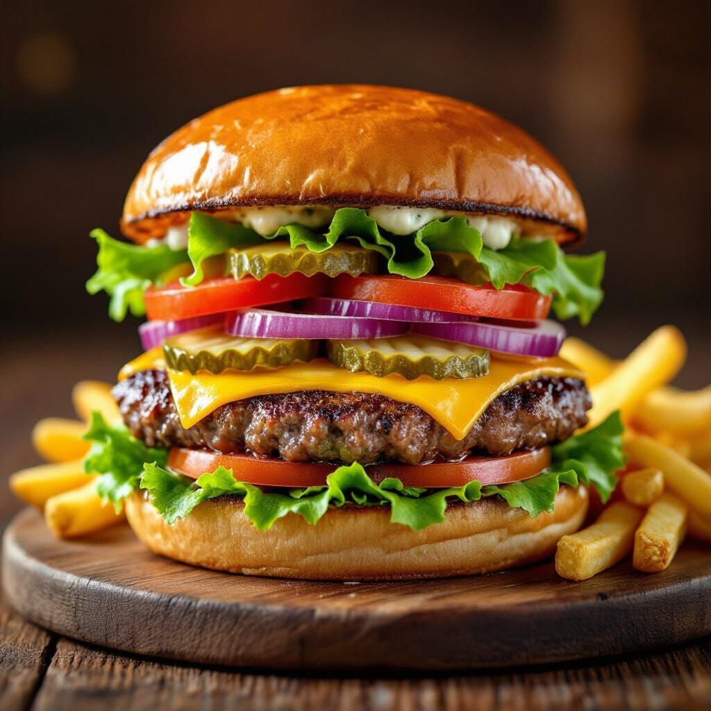 Gourmet Hamburger and Fries Photorealistic Style
