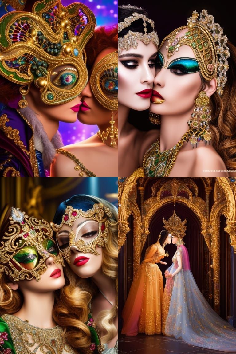 Masquerade Kiss: Ornate Baroque-Renaissance Painting