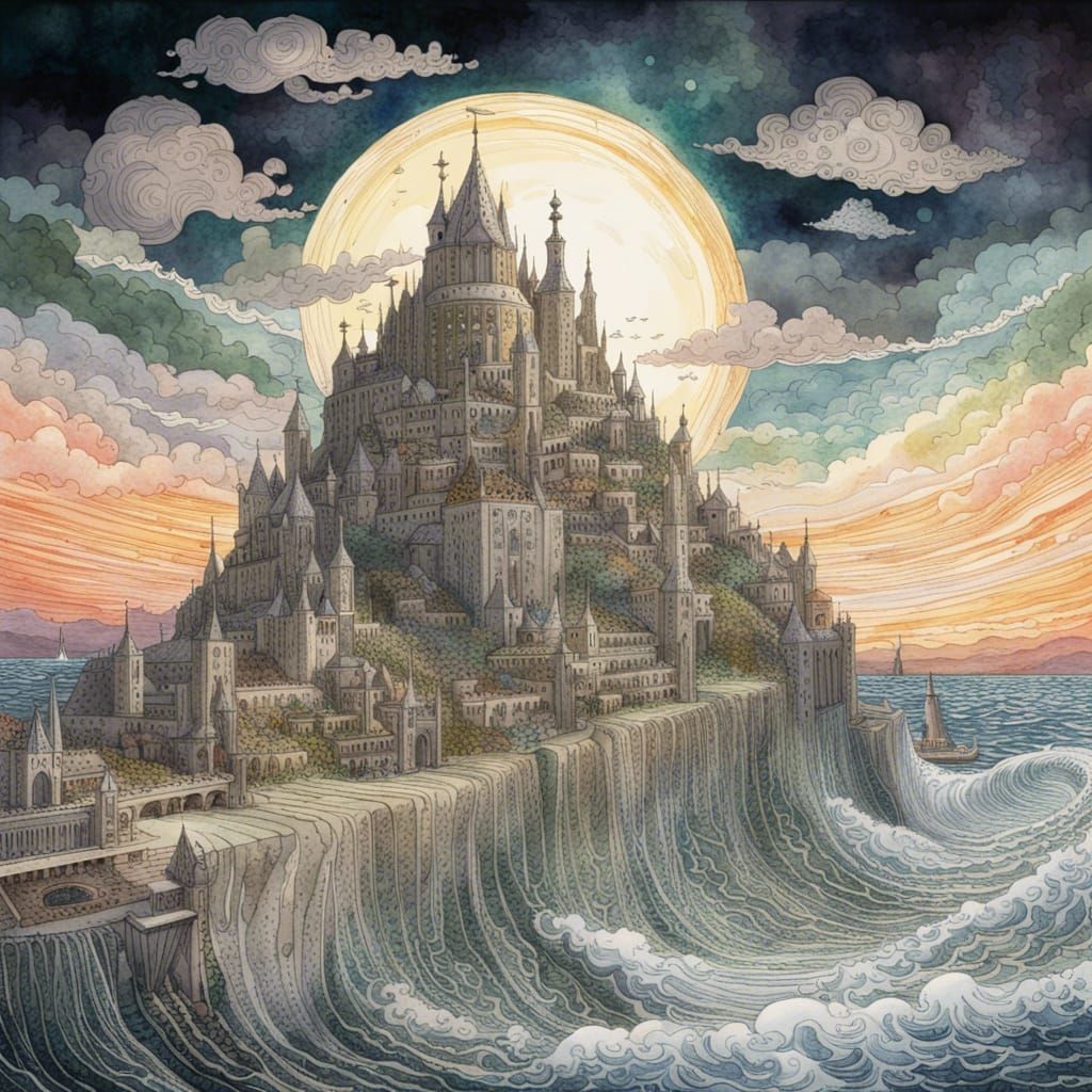 Moonlit Minas Tirith: Digital Line and Watercolor Art