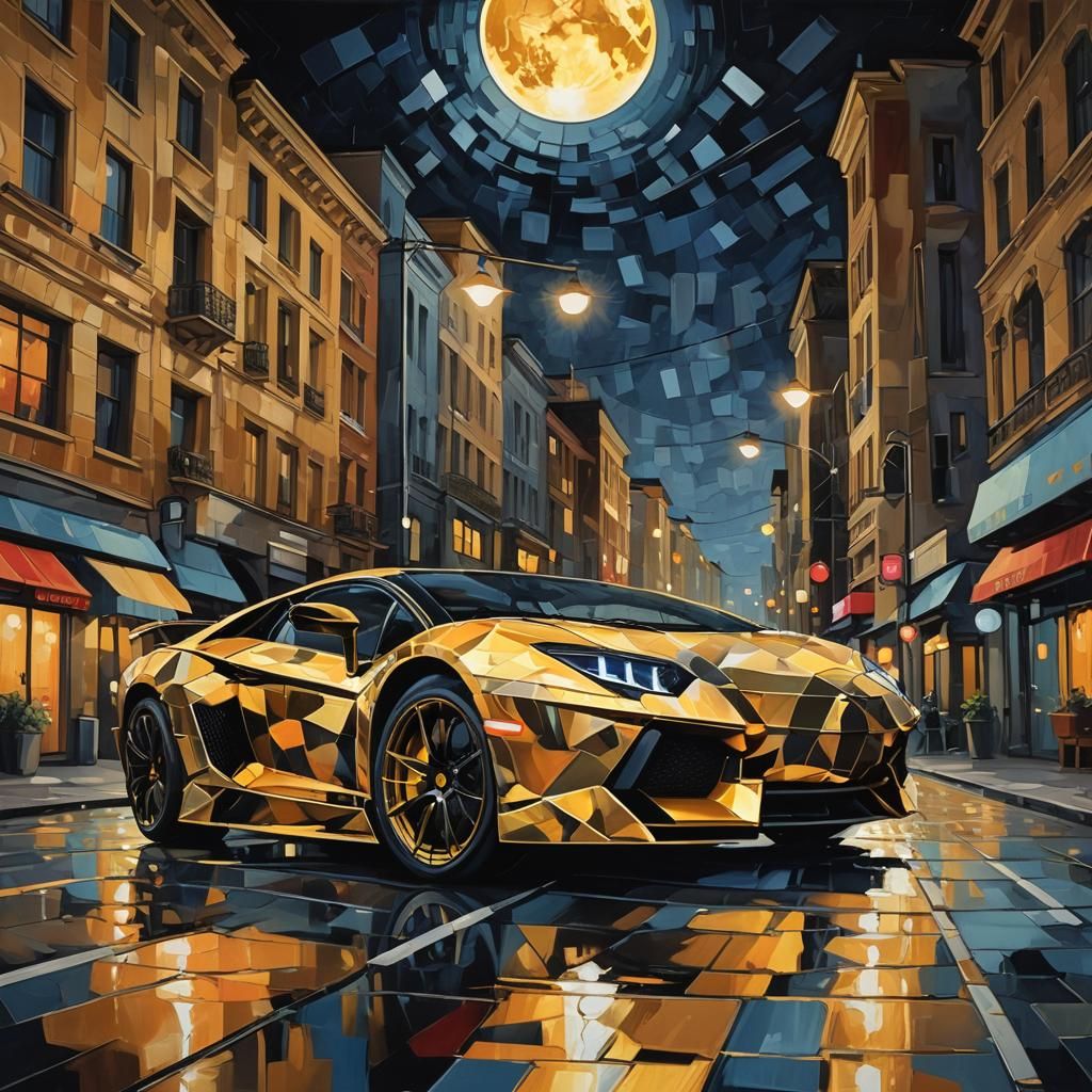 Golden Lamborghini Aventador in Cubist Art Style