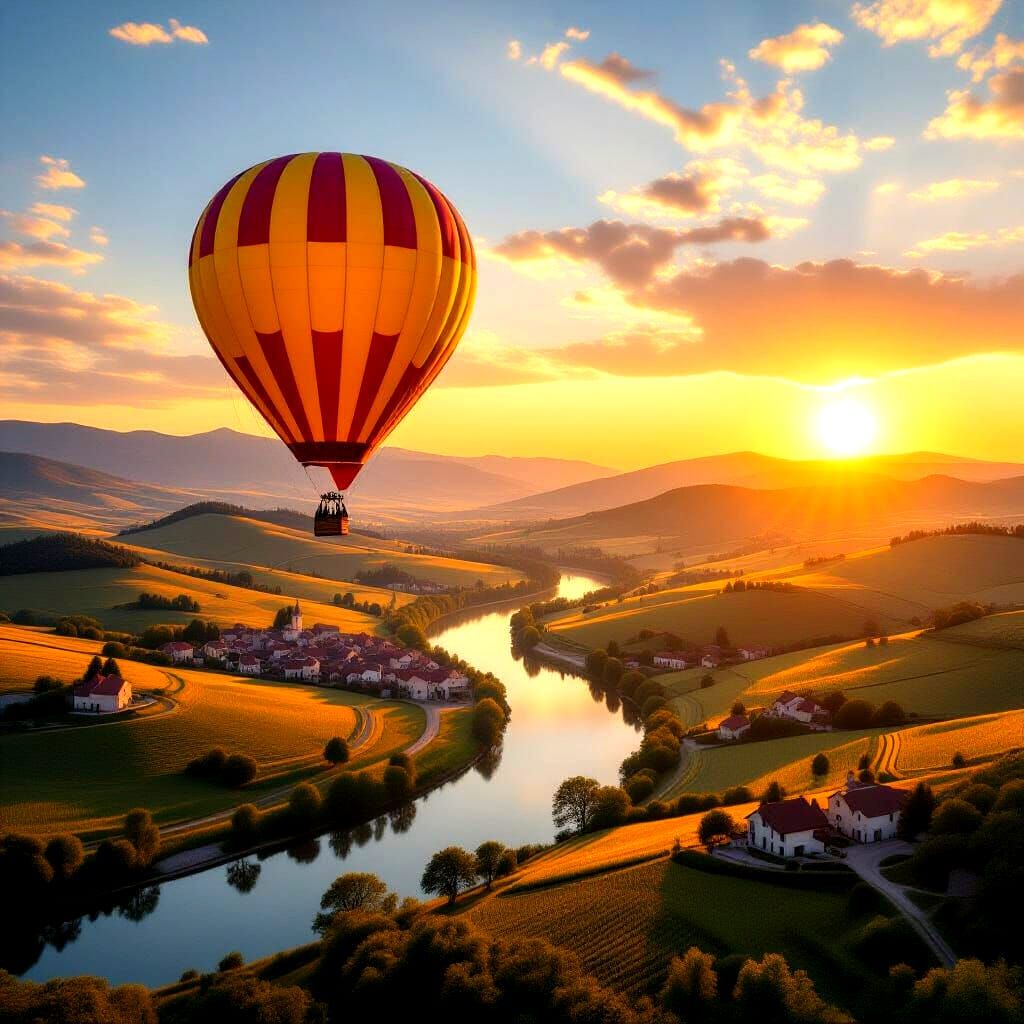 Hot Air Balloon Soars Over Scenic Landscape, Photorealistic