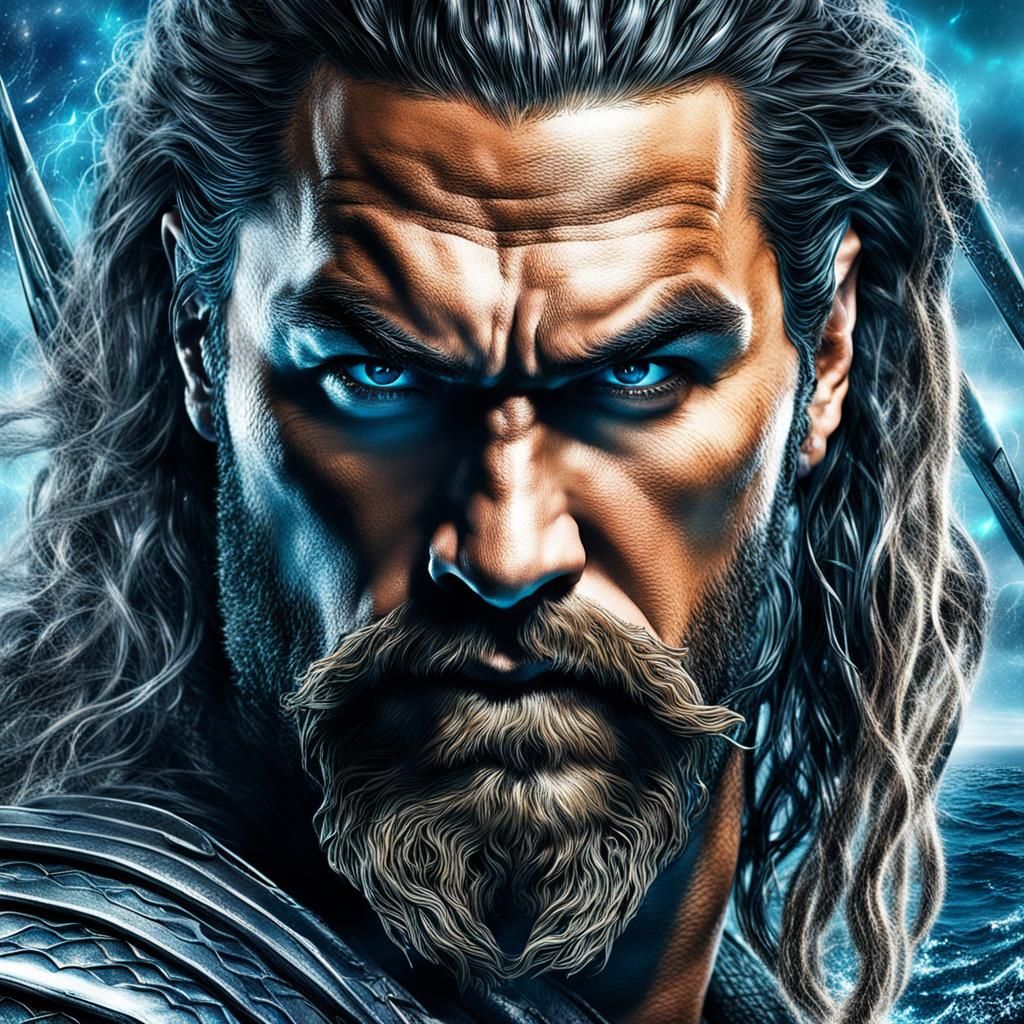 Aquaman Portrait with Intense Blue Glow in Dark Fantasy Styl...