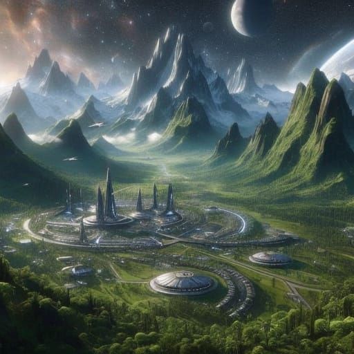 Space Colony Amidst Crystal Mountains