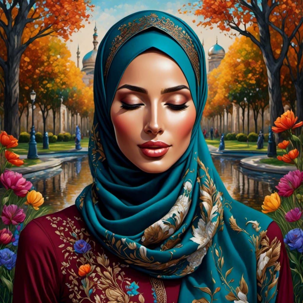 European Woman in Hijab, Closed Eyes, Oil Painting