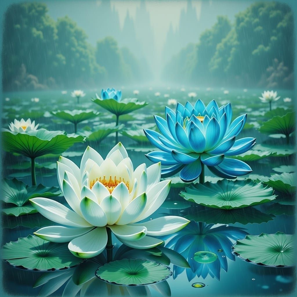 Mystical Lotus Flowers on a Misty Lake
