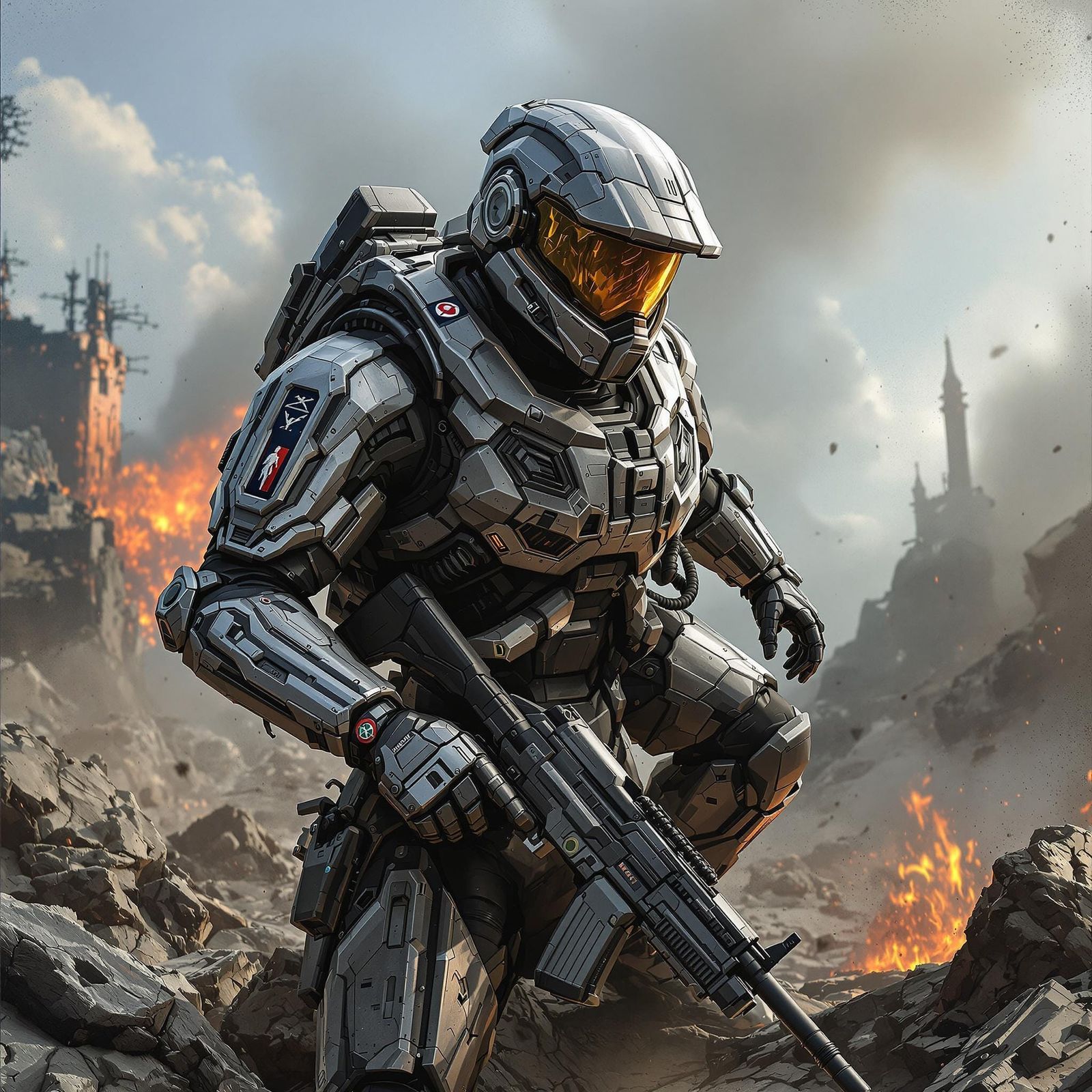 Futuristic Soldier in War-Torn Battlefield, Digital Art