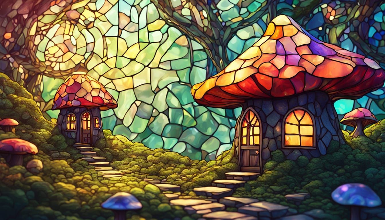 Magic Mushroom House in Stained Glass Style