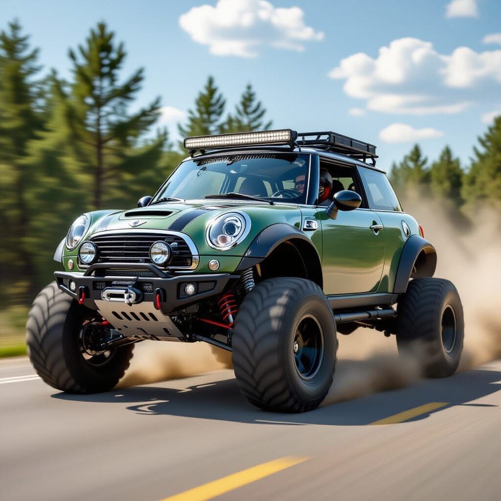Off-Road Mini Cooper Speeds Down Road in Cinematic Style