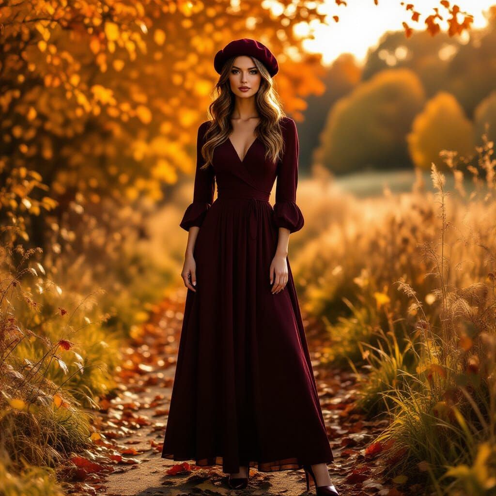 Woman in Burgundy Dress with Beret in Autumn Light