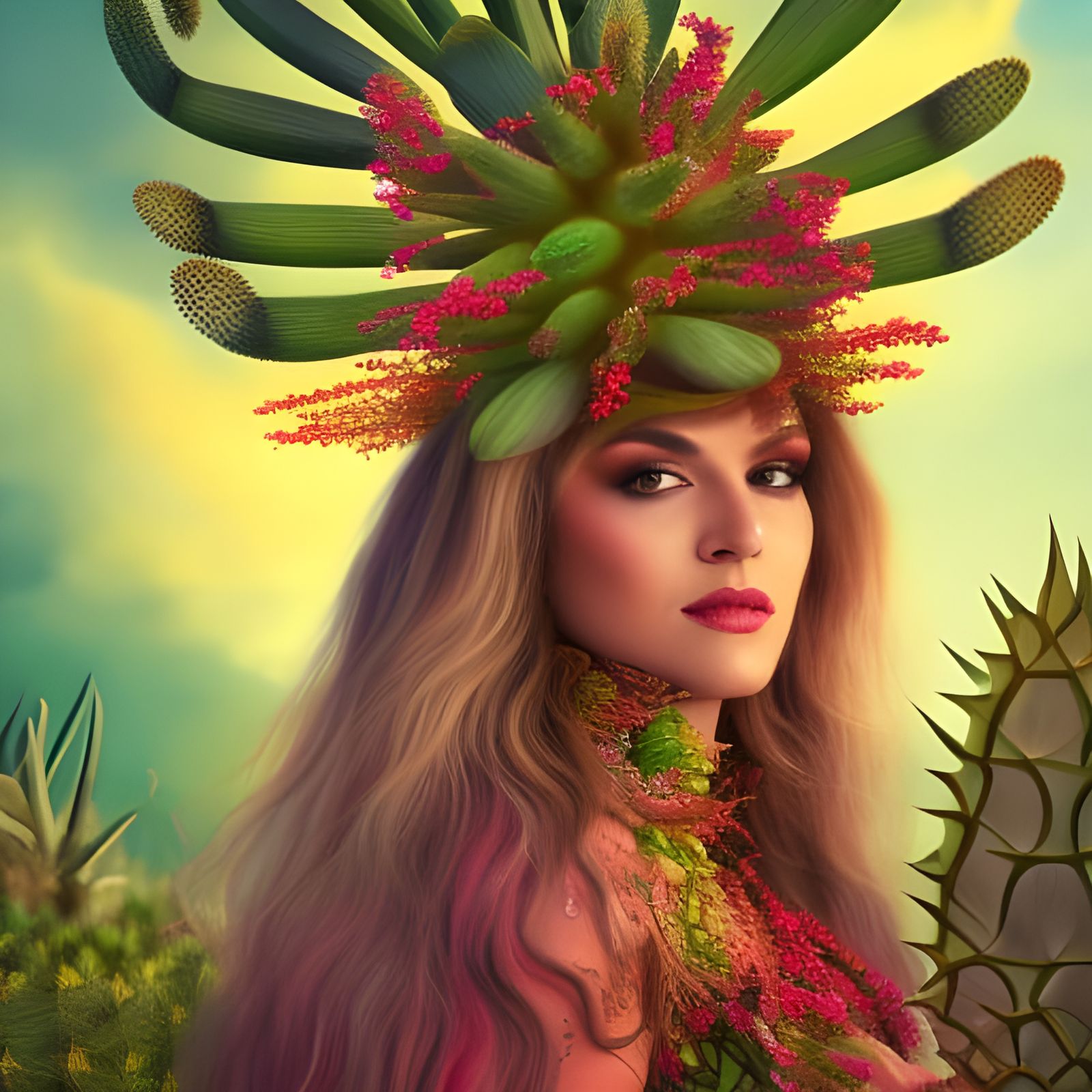 Cactus Headdress Woman in Hyperrealistic Style