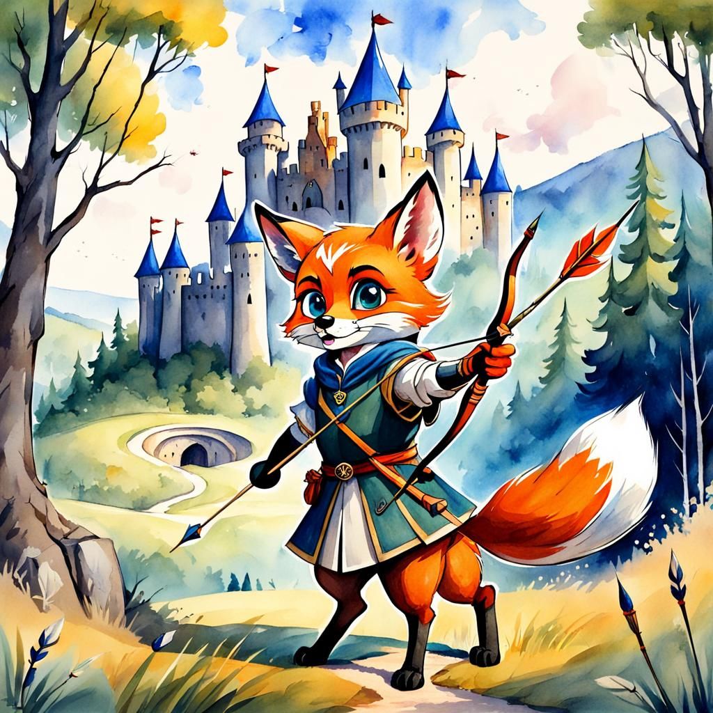 Fox Archer in Medieval Forest, Watercolor Cartoon