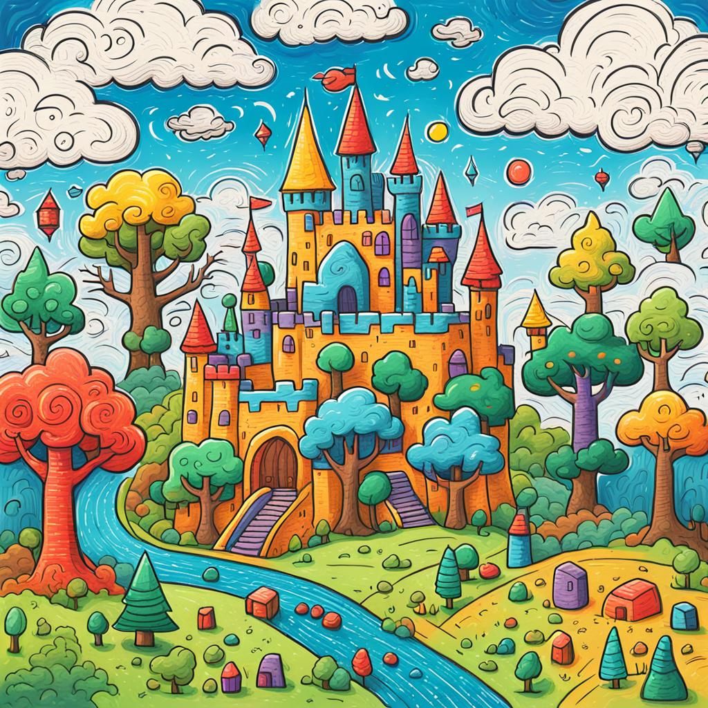 Child's Imaginary Video Game World in Naive Art Style