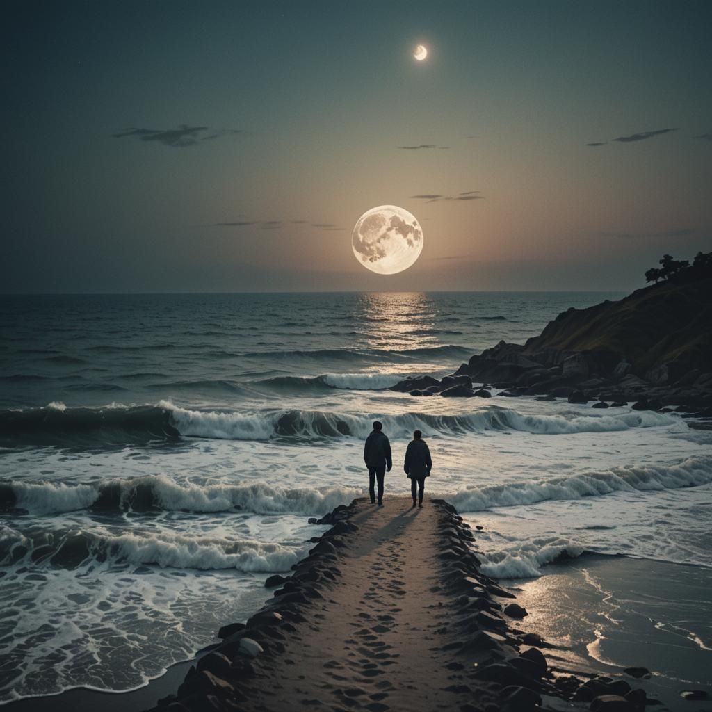 Heartbroken Moon Over Sea Waves: Cinematic Film Still