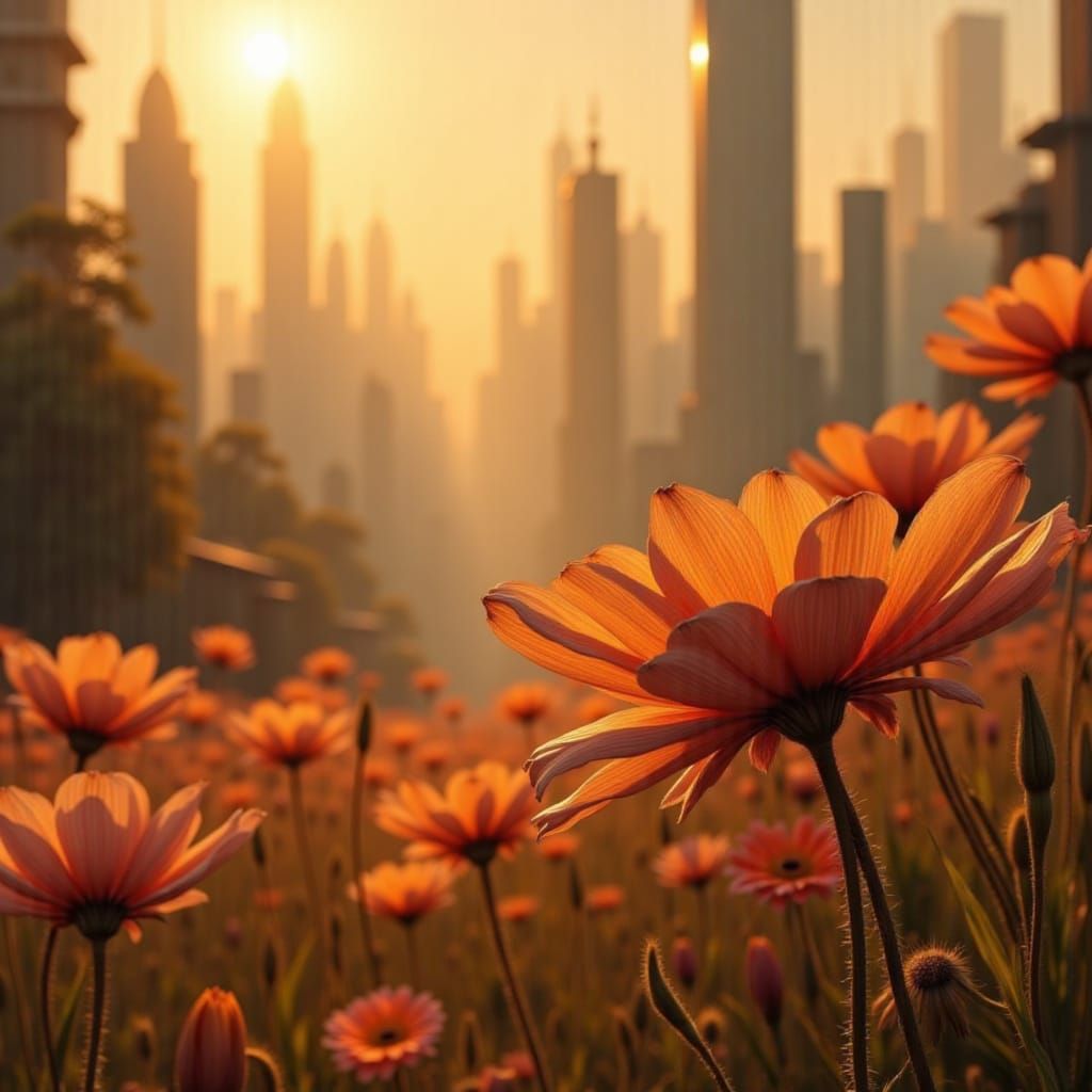 Colossal Wildflowers at Sunset Over Modern Cityscape