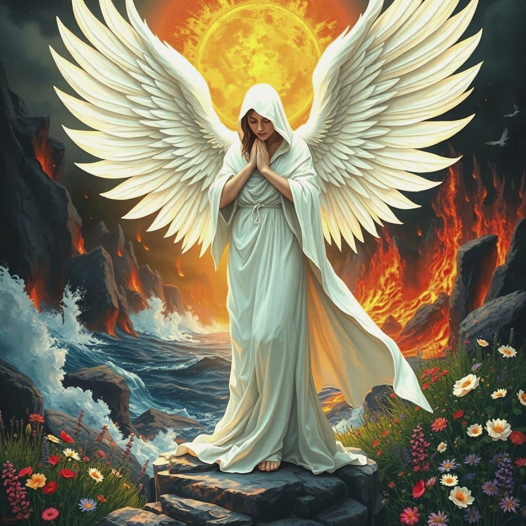 Ethereal Angel Between Realms in Art Nouveau Style