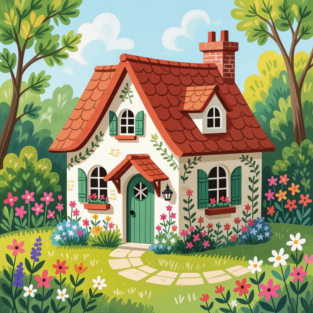 Enchanting Garden House in Gouache Style