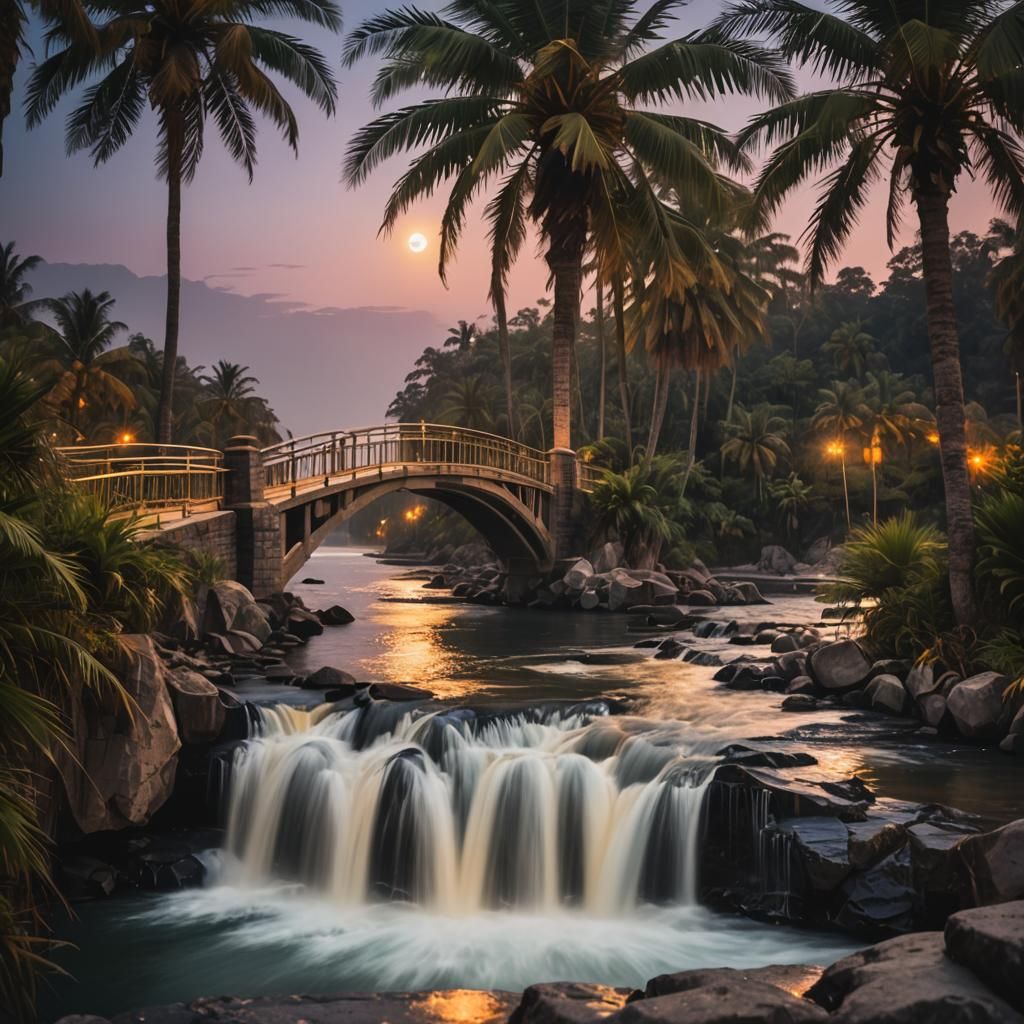 Palm Tree Bridge at Night: Landscape Photography