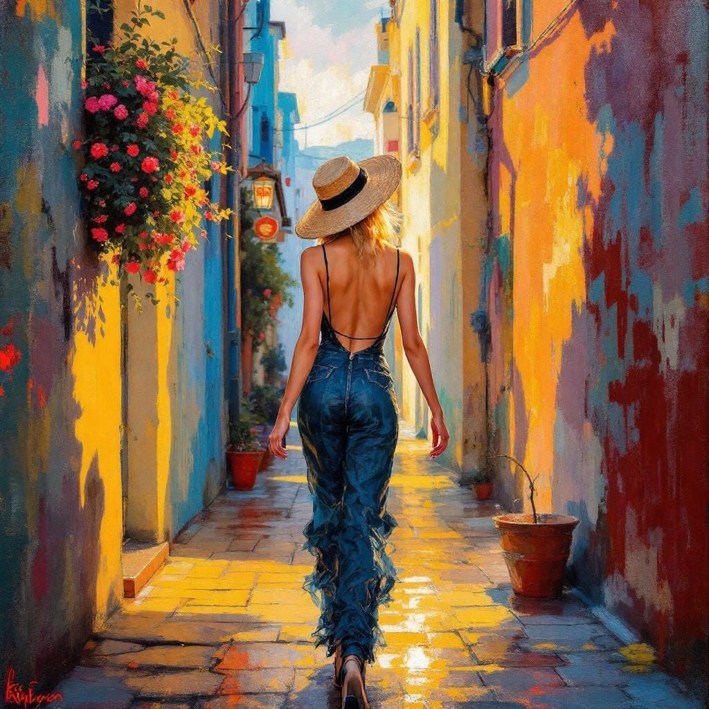 Woman Walks Down Street with Impasto Brushstrokes