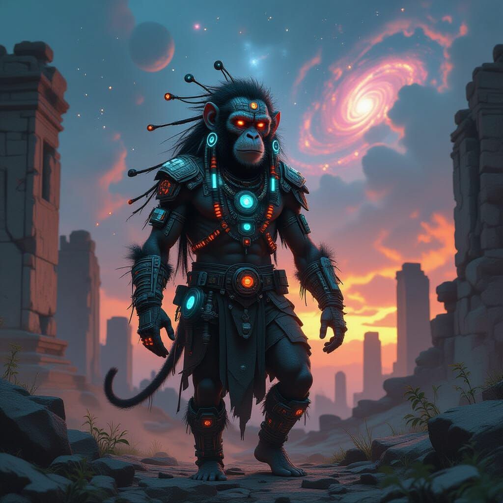 Cybernetic Monkey Shaman in Cosmic Ruins
