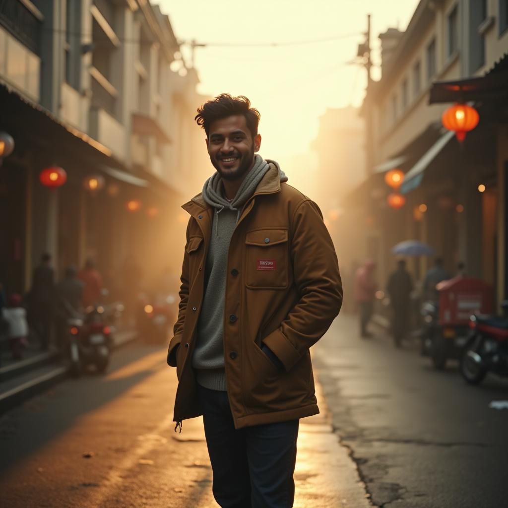 Smiling Indian Man in Bustling Street, Cinematic Style