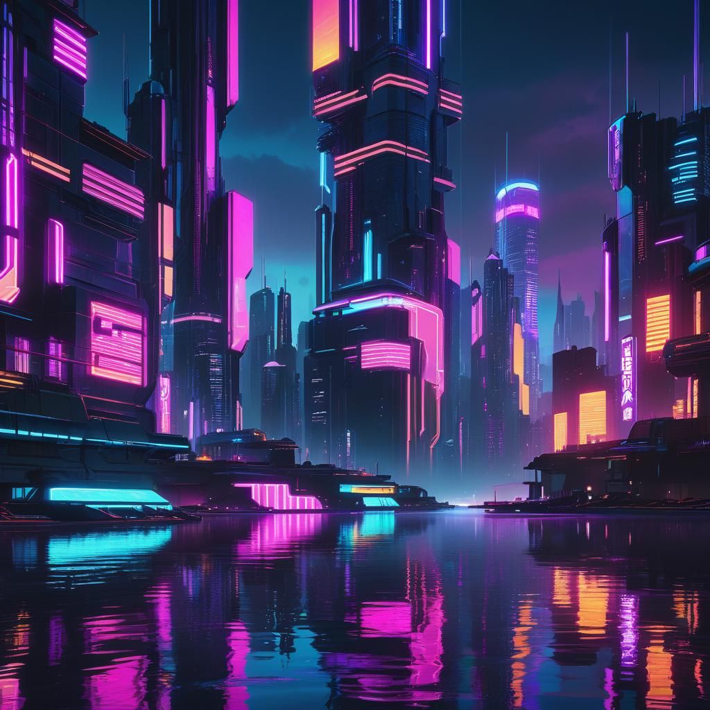 Cyberpunk Cityscape Reflected in Calm Lake