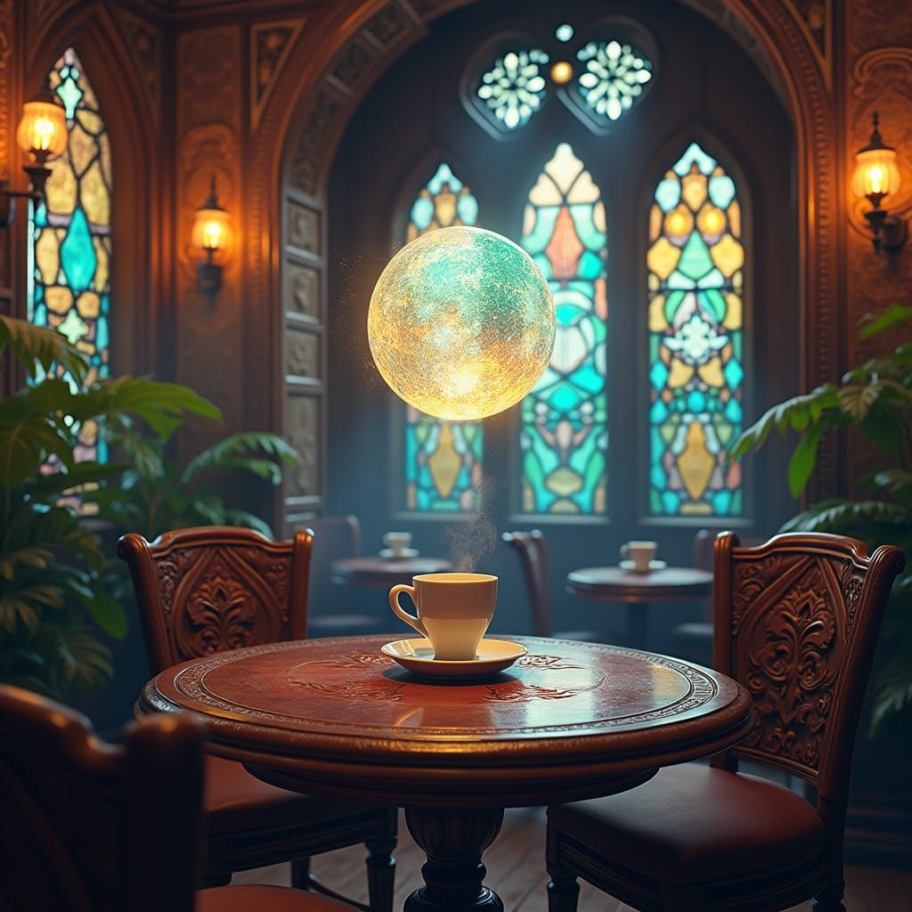 Mystical Orb Above Cafe Cup, Fantasy Sci-Fi Art