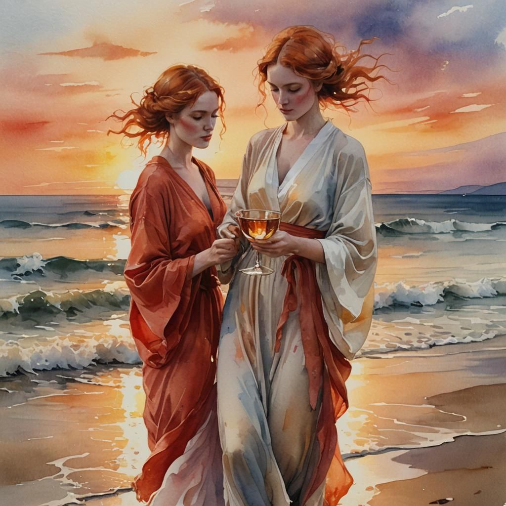 Watercolor Woman Pouring Chalice into Ocean