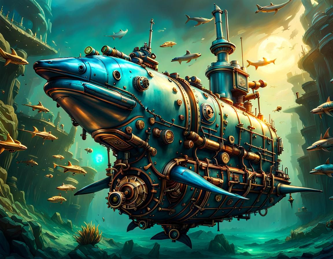 Steampunk Dolphin Submarine in Deep Sea